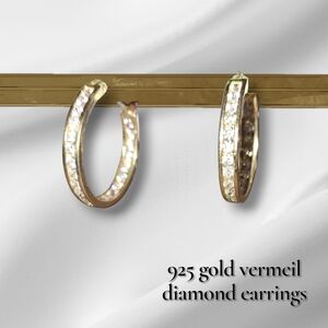 Diamond Gold Vermeil Sterling Hoop Earrings Silver Signed FAS 925 Thai